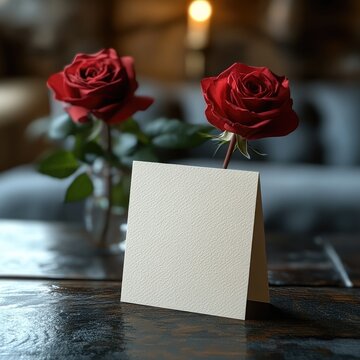 Elegant Red Roses and Blank Card on Dark Wooden Table Romantic Setting