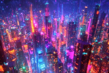 Obraz premium Neon Cityscape Vibrant Towers Illuminated Night