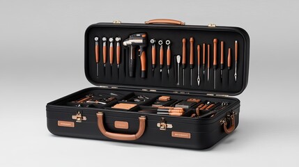 Tool case displays electric drill, screwdriver components, and various tools, presenting a minimalistic design on a clean white background