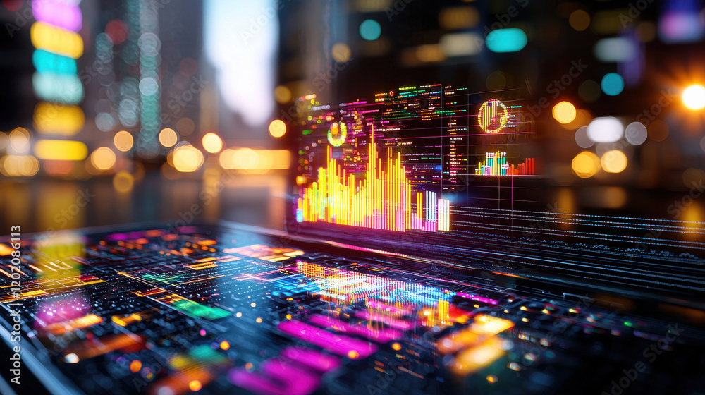 Poster vibrant futuristic data analysis display with colorful graphs and charts, showcasing advanced technology in cityscape at night