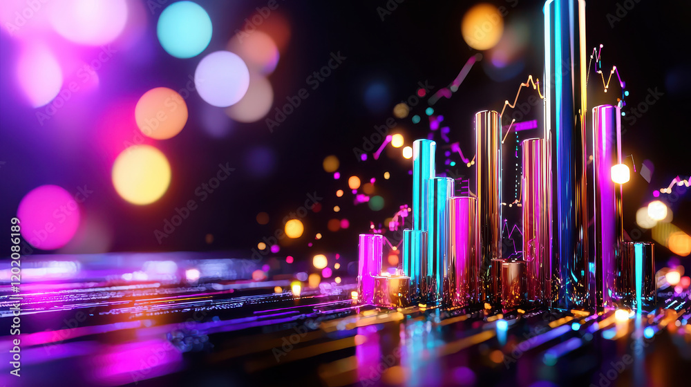 Poster Futuristic data analysis visualization with colorful bars and glowing lights, showcasing vibrant patterns and dynamic graphs. This evokes sense of innovation and technology