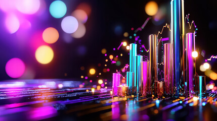 Futuristic data analysis visualization with colorful bars and glowing lights, showcasing vibrant patterns and dynamic graphs. This evokes sense of innovation and technology