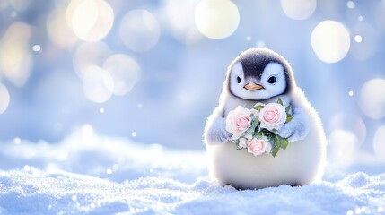 Obraz premium Adorable baby penguin holding roses in sparkling snowy landscape. The 14th of February. Happy Valentine's Day
