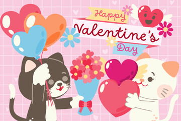 Cute Couple Cat Character Celebrate Valentine's Day Together With Love Sweet Elements Decoration, Greeting Card
