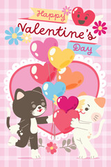 Cute Couple Cat Character Celebrate Valentine's Day Together With Love Sweet Elements Decoration, Greeting Card