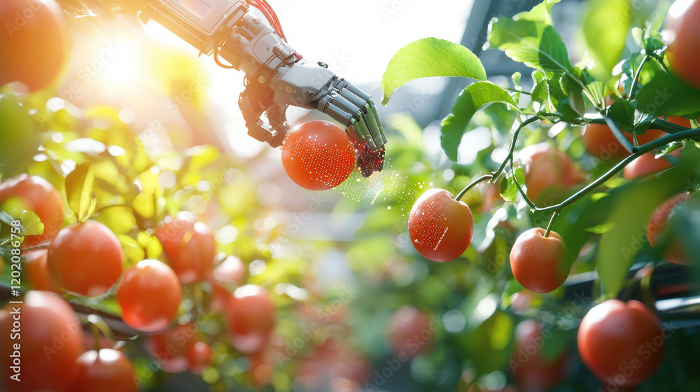 Poster robotic arm harvesting ripe oranges in vibrant orchard, showcasing advanced technology in agricultur