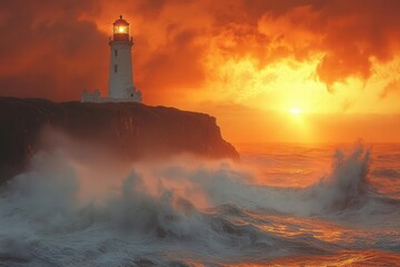 dramatic coastal scene with historic lighthouse on rugged cliff, stormy waves crashing below while golden sunset breaks through dark storm clouds