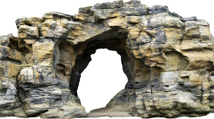 Rock formation resembling a cave entrance, with dramatic features and natural stone texture, isolated on transparent background