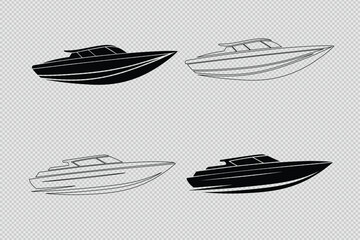 speed boat vector designs in silhouette and line art formats. Ideal for marine-themed projects, branding, or creative artworks
