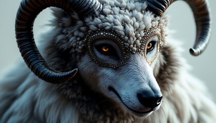 Majestic Ram-Horned Wolf in Ornate Mask: A Darkly Elegant Portrait
