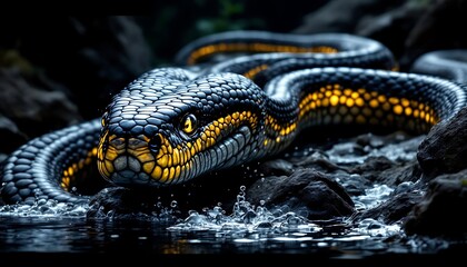 Glowing Serpent: A Dark, Mystical Snake in a Watery Realm