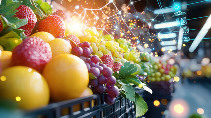 Fresh fruits in baskets with digital overlay, showcasing smart delivery technology and vibrant colors. perfect blend of nature and innovation