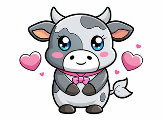 Obraz premium Cute cartoon cow with pink bow and heart in Valentine's Day kawaii style