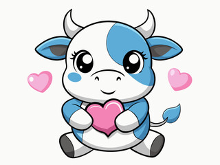 Cute cartoon cow with pink bow and heart in Valentine's Day kawaii style