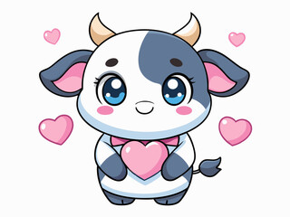 Cute cartoon cow with pink bow and heart in Valentine's Day kawaii style