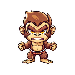 Fototapeta premium Angry Baby Monkey Cartoon: A cute yet fierce cartoon illustration of an angry baby monkey, flexing its muscles and glaring with intense golden eyes. Perfect for children's books, games.
