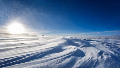 a snowstorm with strong winds creating swirling patterns and a large open sky for copy