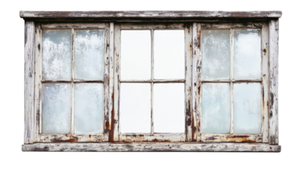 Weathered wooden window frame, rustic design, frosted glass panes, vintage architecture, historic building, old window, isolated on transparent background