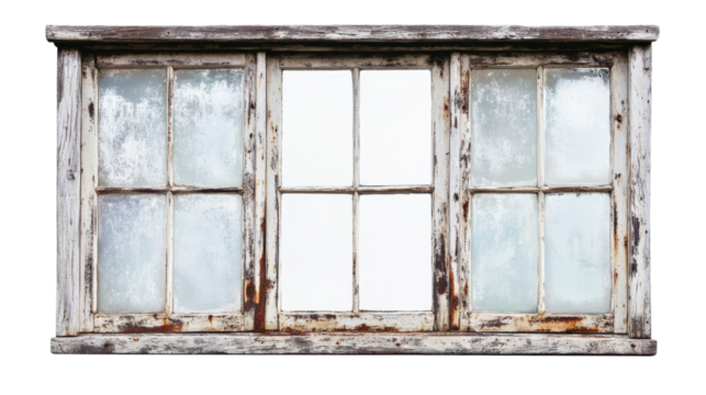 Weathered wooden window frame, rustic design, frosted glass panes, vintage architecture, historic building, old window, isolated on transparent background