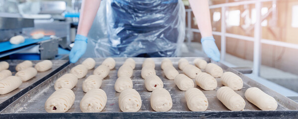 Confectionery production, preparing puff pastry buns on industrial line with quality control