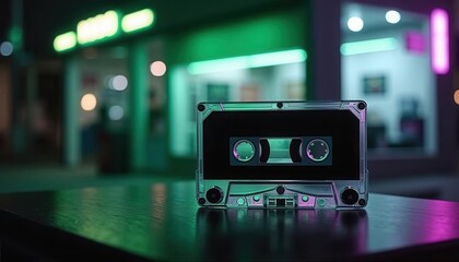 Retro cassette tape with neon lighting in a futuristic urban night setting, featuring vibrant colors and bokeh effects