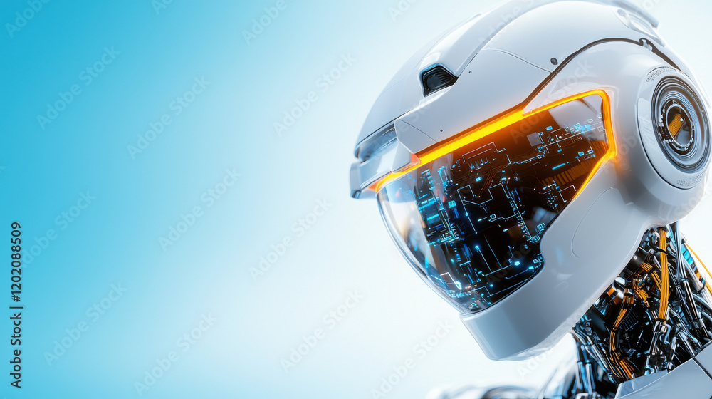 Poster futuristic AI robot head with intricate details and glowing elements, showcasing advanced technology and design. sleek helmet features transparent visor revealing complex circuitry