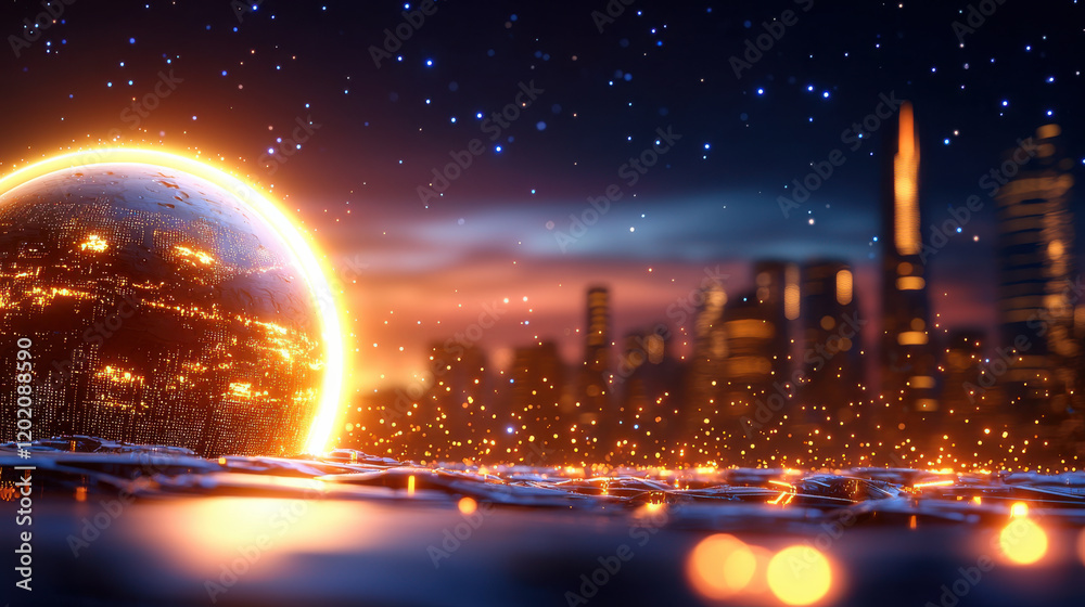 Poster stunning 3d visualization of glowing planet with futuristic city skyline. scene captures vibrant atm
