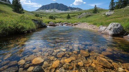 Crystal-Clear Mountain Stream Flowing Through a Lush Valley Towards Majestic Peaks on a Sunny Day