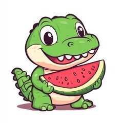 Fototapeta premium Cute cartoon crocodile eating watermelon slice