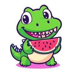 Fototapeta premium Happy crocodile enjoying watermelon slice, summer fun, cartoon illustration for kids' books