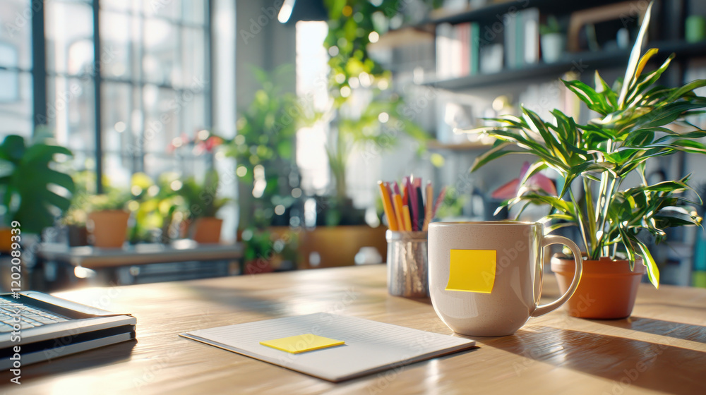 Poster bright and inviting workspace featuring coffee mug with sticky note, notepad, and lush green plants.