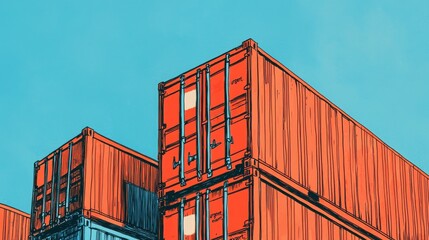 Fototapeta premium Stacked Shipping Containers Against Blue Sky Background