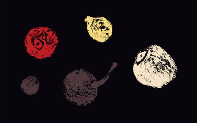 Black pepper seasoning. Hand drawn pencil sketch. Icon in vintage style. Condiment crayon drawing. Vector peppercorn doodles