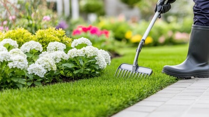 A man in wellington boots uses a garden fork to aerate lush lawn soil in a backyard surrounded by greenery