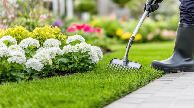 A man in wellington boots uses a garden fork to aerate lush lawn soil in a backyard surrounded by greenery