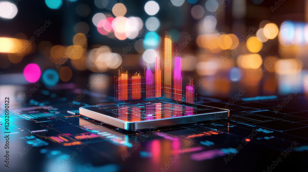Poster vibrant 3D technology model displaying colorful data visualizations on smartphone screen, symbolizing innovation and digital analytics