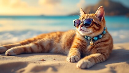 Cool Cat: Beach Sunset, Sunglasses, and Serene Summer Mood
