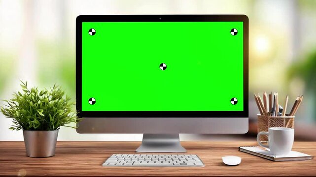 Desktop display with green screen background on office desk in a cozy room. Isolated mockup template with blank chroma key and copy space on computer screen. Close up | 4K UHD