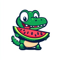 Fototapeta premium Cute cartoon crocodile eating watermelon, illustration for children's book or app