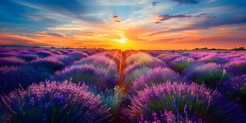 Fototapeta premium Wonderful nature vacation landscape amazing sunset scene blooming lavender flowers Moody sky pastel colors on bright landscape view 