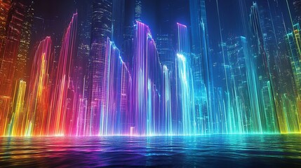 Vibrant futuristic cityscape with neon lights reflecting on a water surface at night