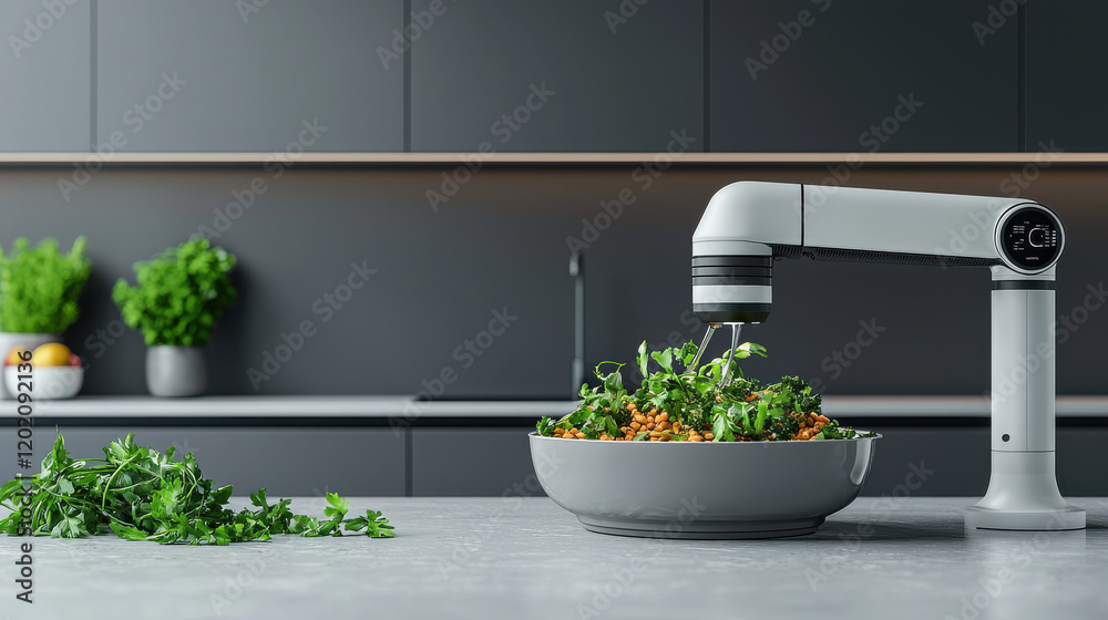 Aufkleber modern kitchen scene featuring robotic arm preparing fresh salad with greens and vegetables. sleek d