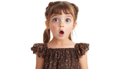 Shocked little girl in dress looking directly at camera, isolated on transparent background