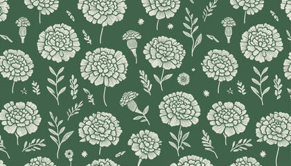 beige marigold flowers seamless vector pattern on green background
