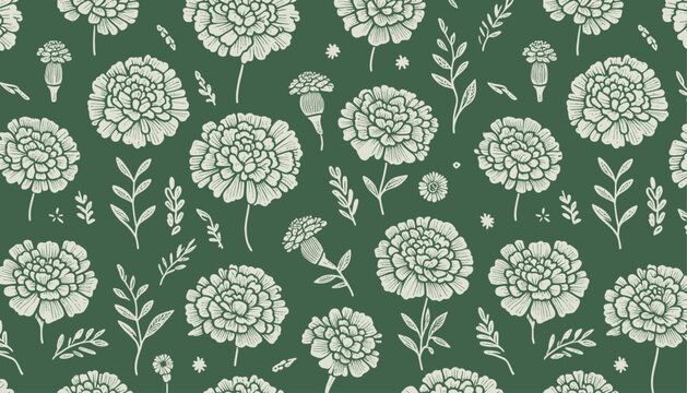 beige marigold flowers seamless vector pattern on green background