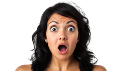 Shocked woman with black hair reacting to unexpected news, isolated on transparent background