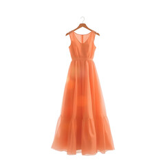 Elegant Orange Dress on Hanger Isolated on White Background