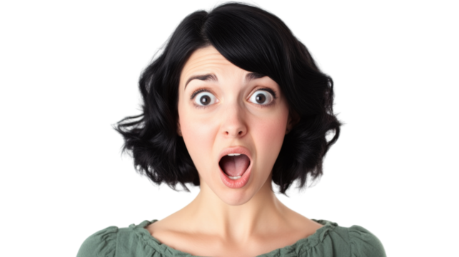 Shocked woman with black hair reacting to unexpected news, isolated on transparent background