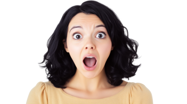 Shocked woman with black hair reacting to unexpected news, isolated on transparent background