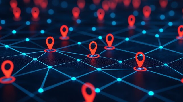 Digital network with red location markers glowing on dark background